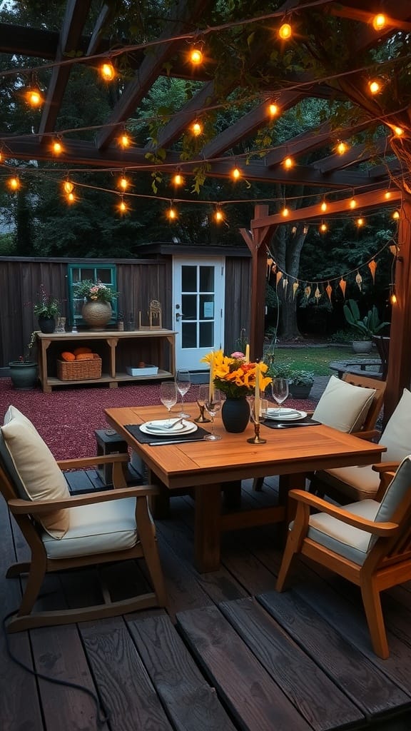 A cozy outdoor dining area featuring a wooden table, comfortable chairs, and string lights.