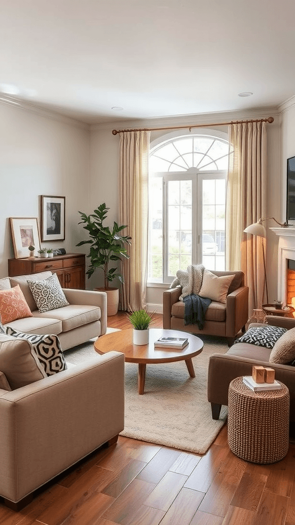 A family-friendly living room featuring a cozy sofa, kids playing, and plants.