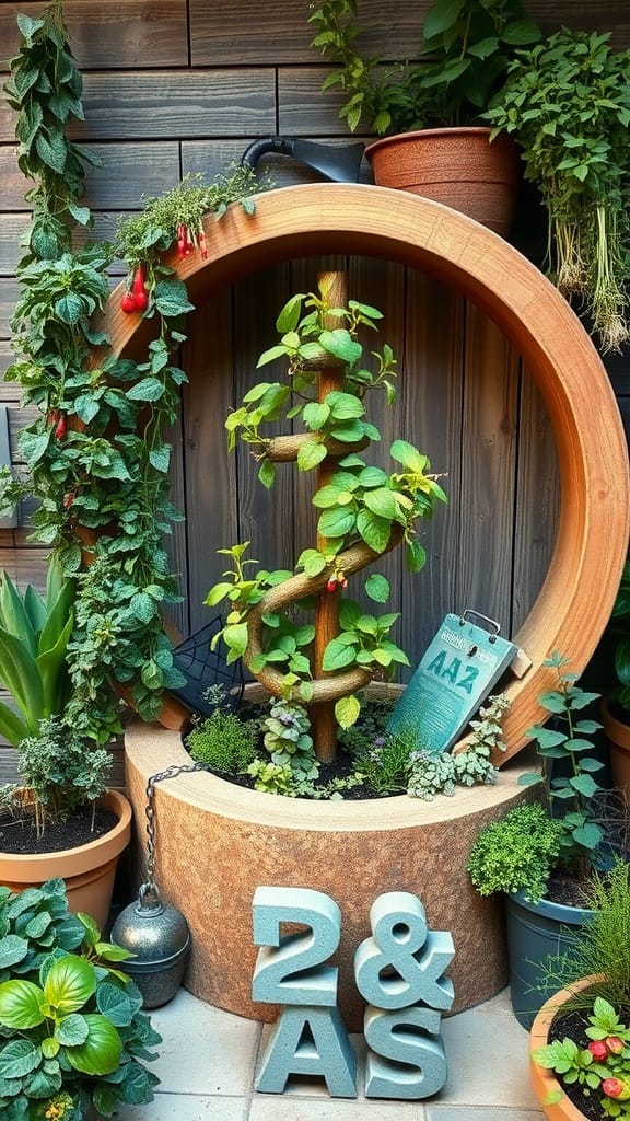 A beautiful herb spiral garden with various herbs and plants arranged vertically in a decorative planter.