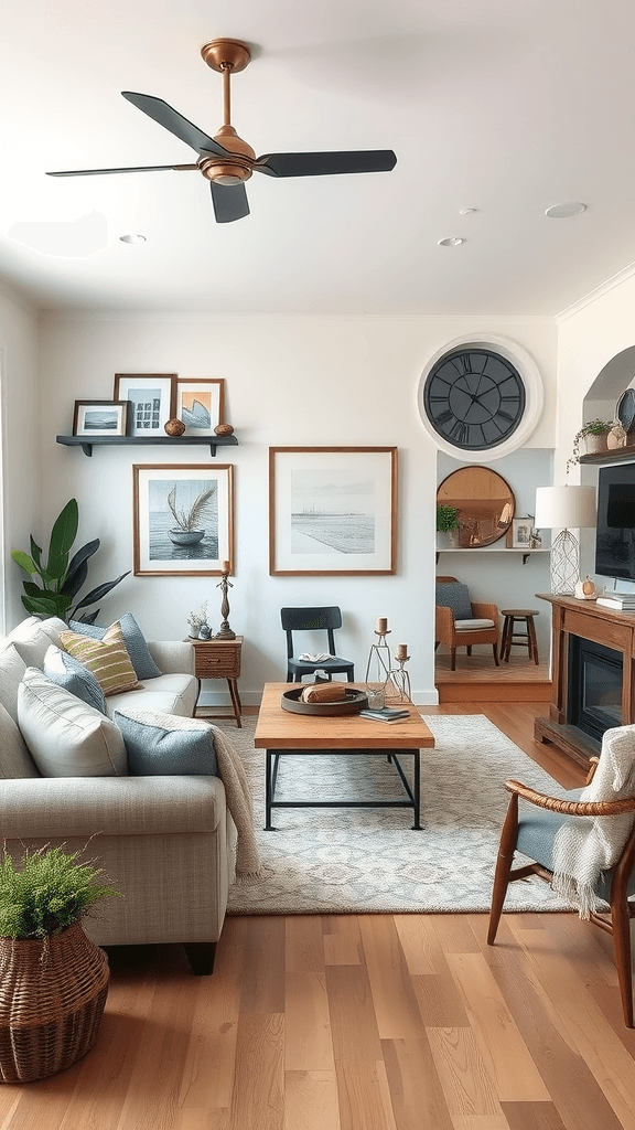 A cozy living room featuring a neutral color palette with decorative plants and framed art.