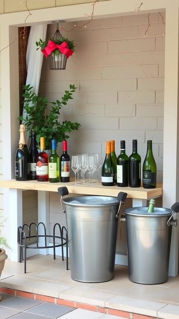 Outdoor wine and beverage station with bottles, glasses, and ice buckets.
