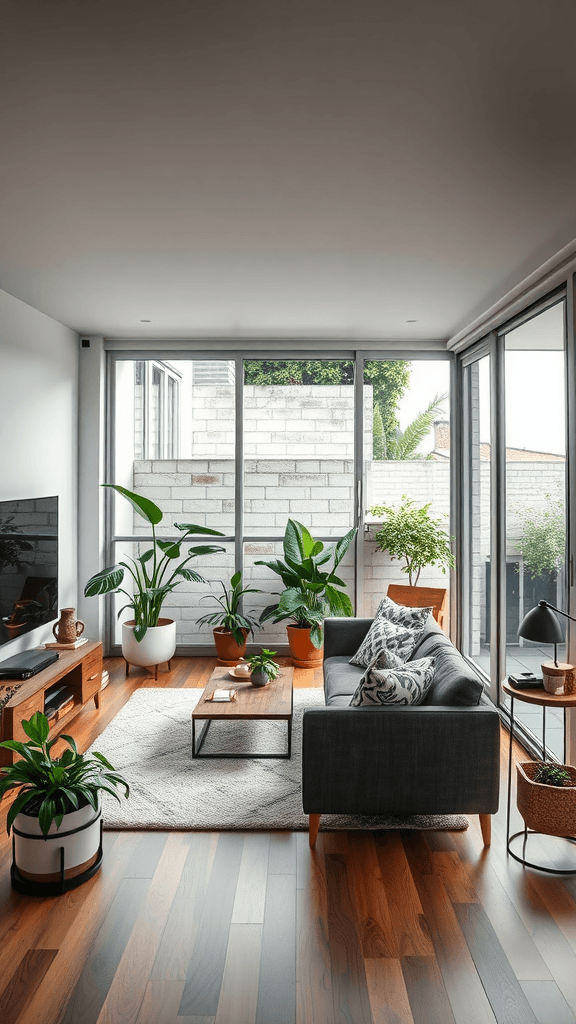 A modern living room featuring a cozy sofa, plants, and large windows leading to a balcony.