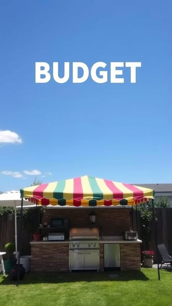 An outdoor kitchen with a colorful canopy providing shade