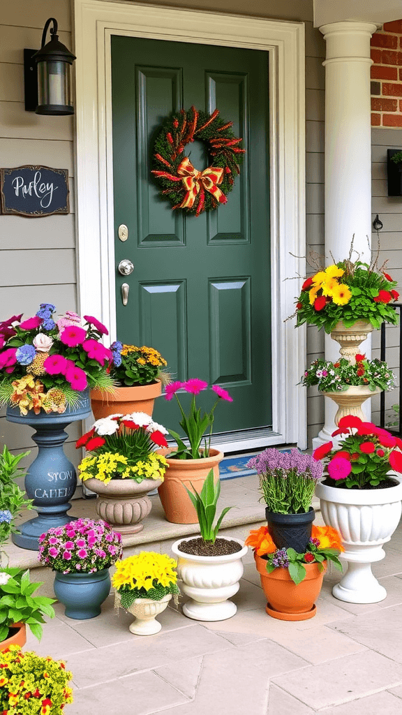 Colorful flower pot arrangements on a front porch with a blue door