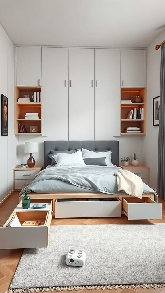 A modern bedroom featuring organized storage solutions with under-bed drawers and wall shelves.