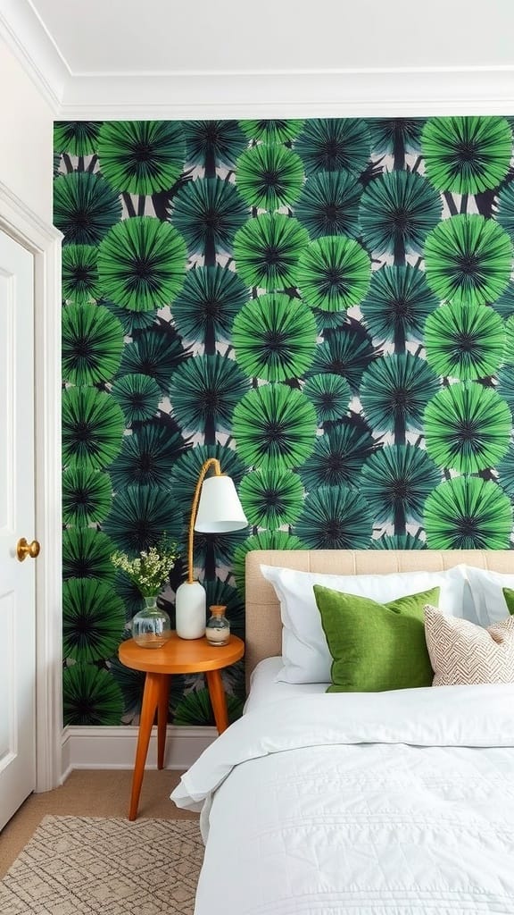A vibrant black and green wallpaper featuring large leafy patterns in a modern bedroom setting.