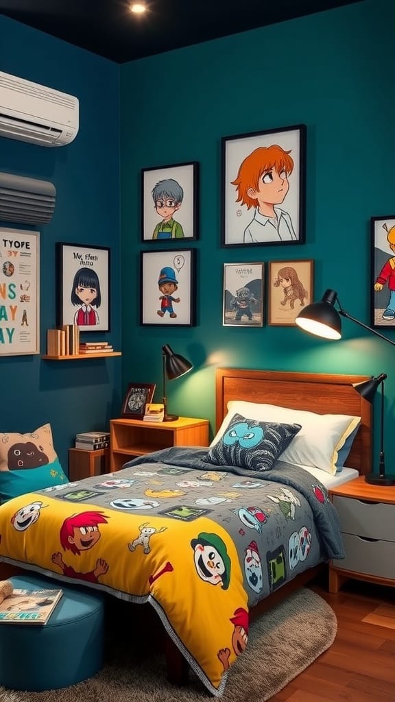 A modern teen boy bedroom with a blue accent wall and personalized decor.