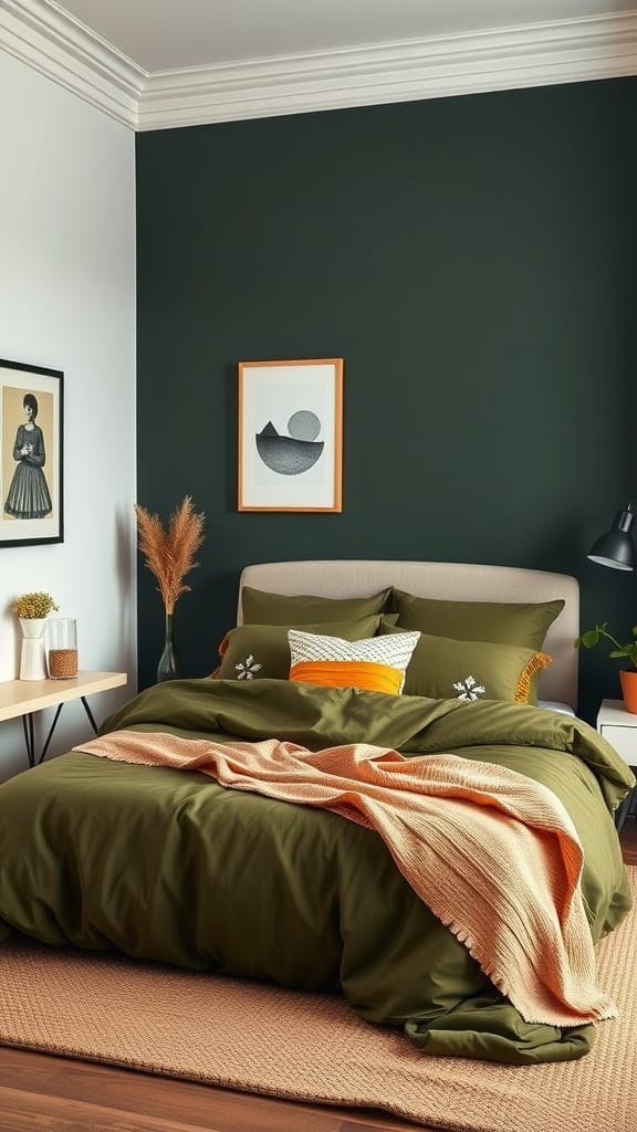 A stylish bedroom featuring dark olive green bedding with decorative pillows and a cozy blanket.