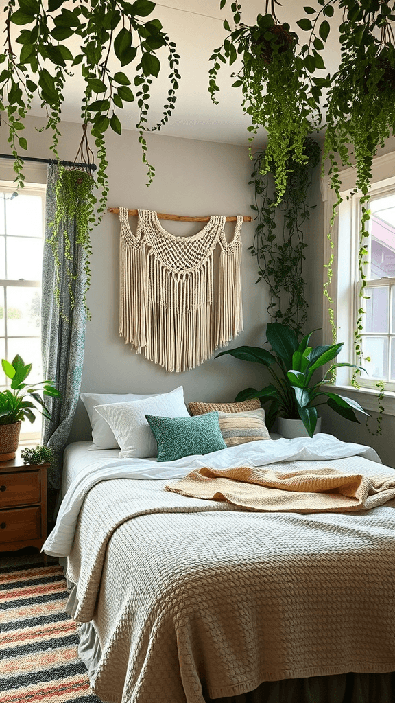 A cozy boho chic bedroom with faux plants and vines hanging from the ceiling.