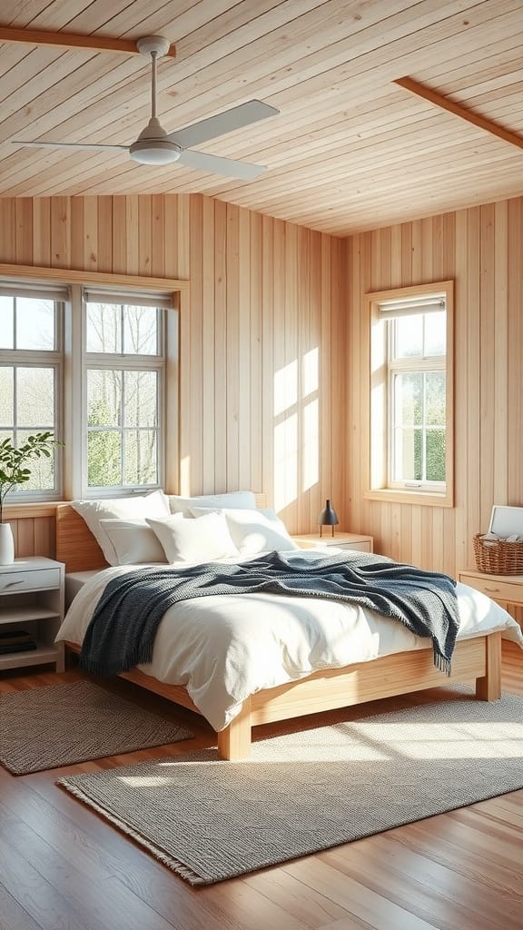 Scandinavian style bedroom with light wood furniture and neutral decor