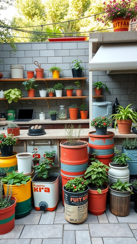 An outdoor kitchen decorated with various recycled containers used as plant pots.