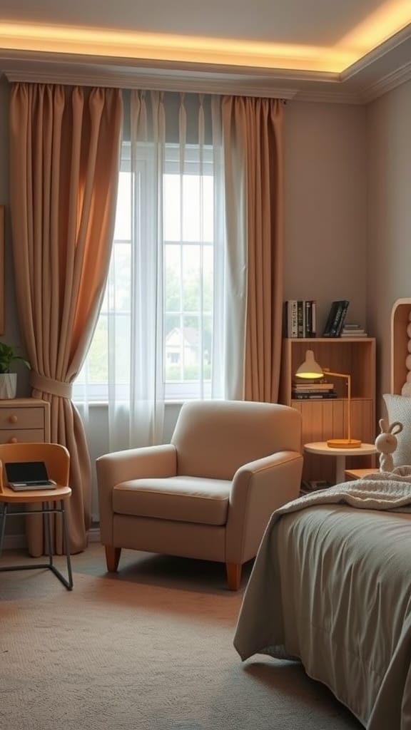 Cozy reading nook in a modern bedroom with a comfortable chair and warm lighting.