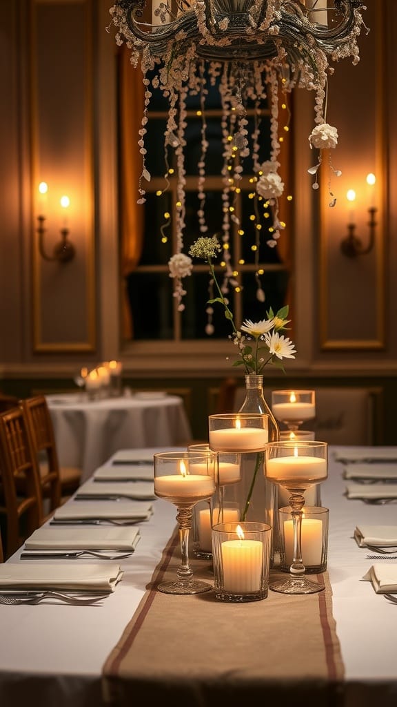 A beautifully set dining table featuring floating candle vases with flowers.