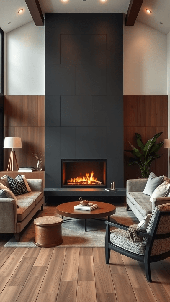 A stylish living room featuring a modern fireplace as the focal point.