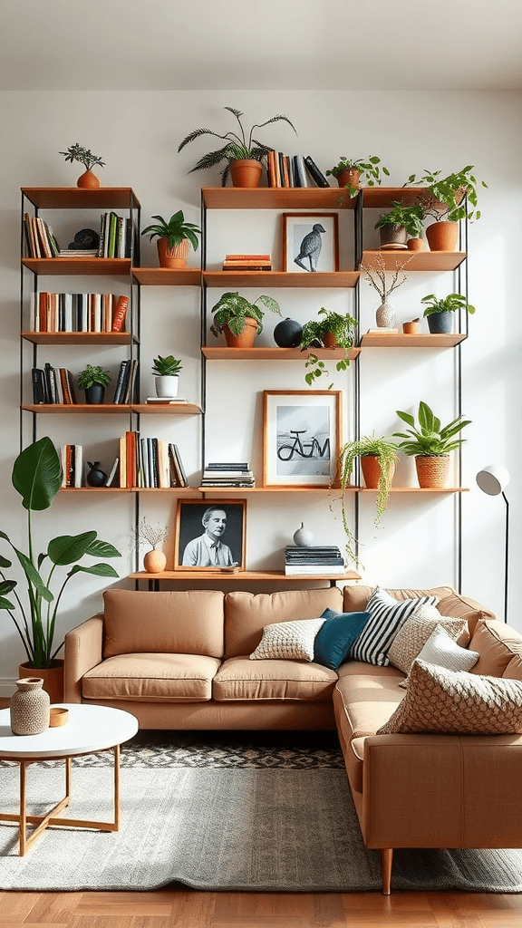 A stylish living room with comfortable seating, a coffee table, and a large TV.