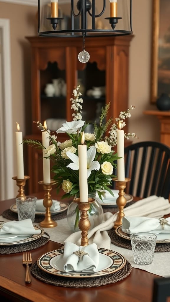 Elegant dining room table with gold candle holders and floral centerpiece