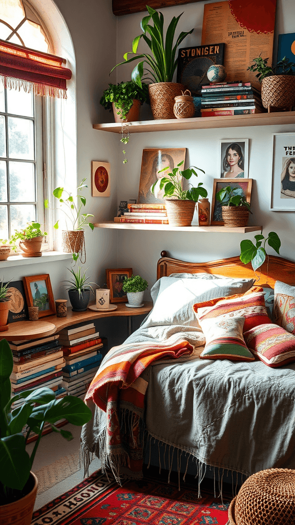 A cozy boho chic bedroom with books, plants, and personal collections on display.