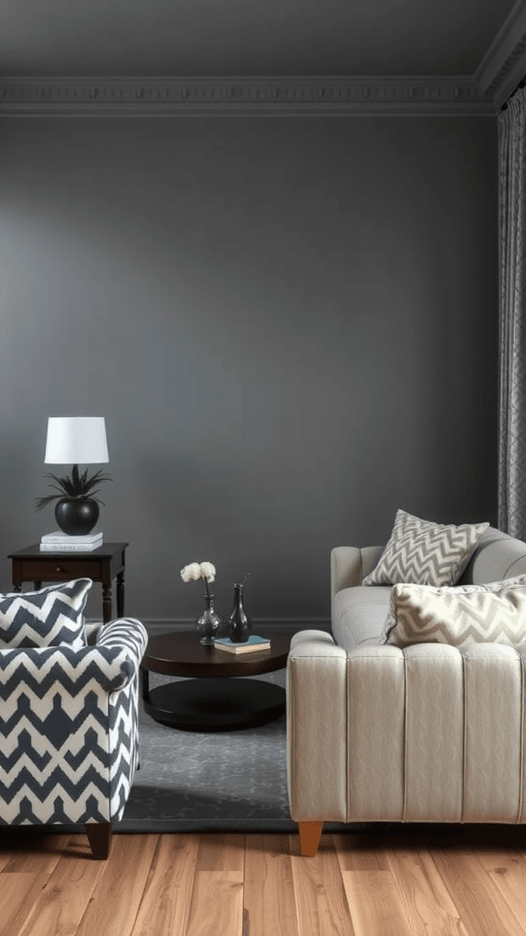 A stylish gray living room featuring a gray sofa, patterned chairs, and elegant decor.