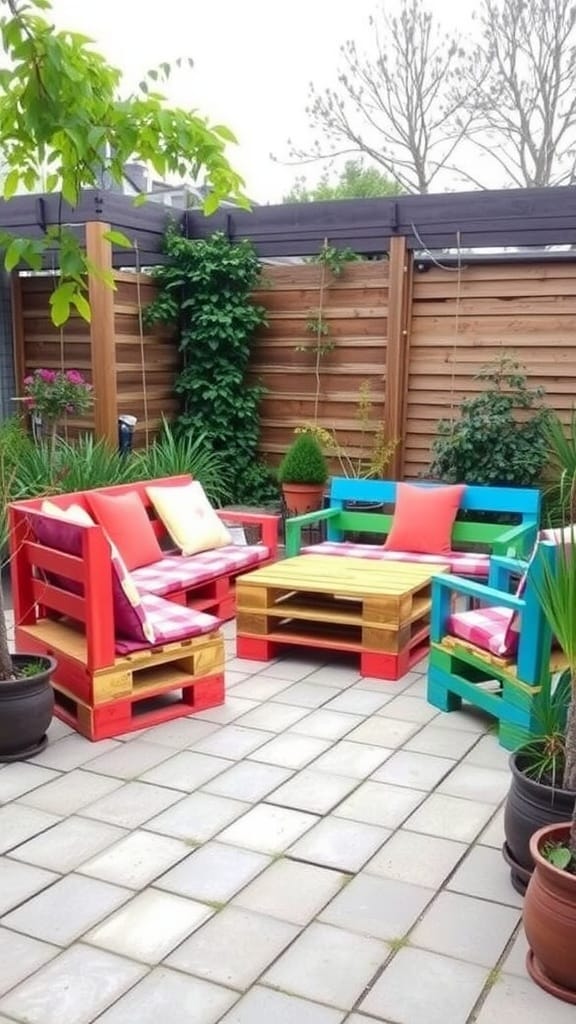 Colorful DIY pallet furniture set in an outdoor space with plants and tiles.