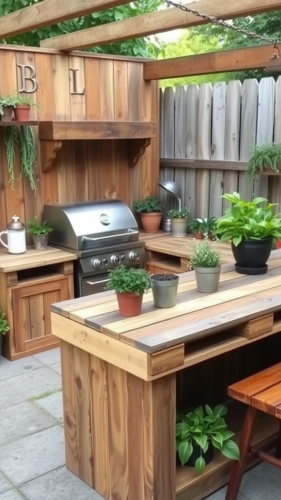 A stylish outdoor kitchen featuring a DIY pallet wood countertop with potted plants.
