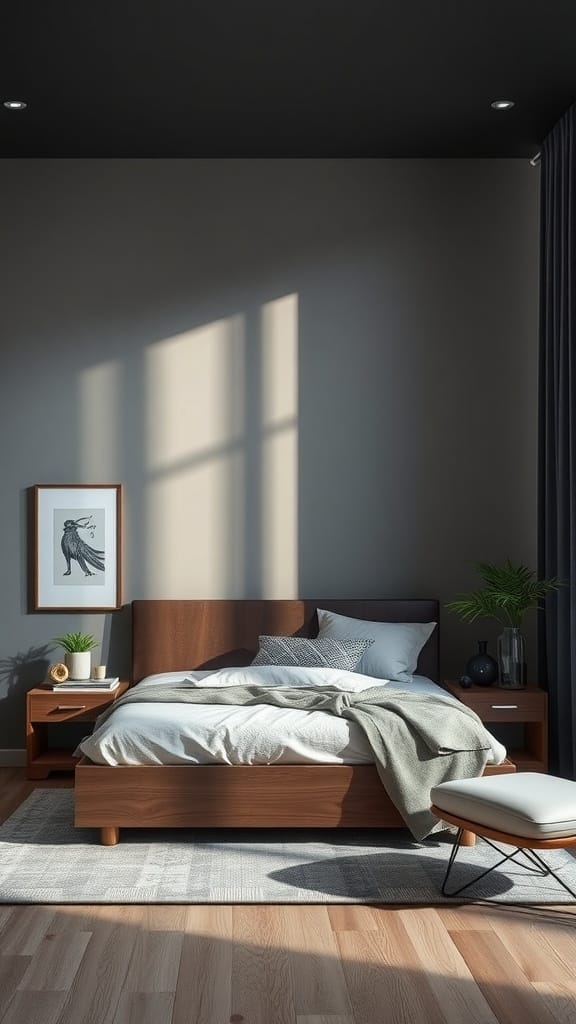 Modern bedroom featuring a stylish wooden bed with storage, minimalist decor, and cozy textiles.