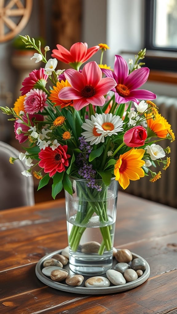 A vibrant flower arrangement in a glass vase surrounded by pebbles on a wooden table.