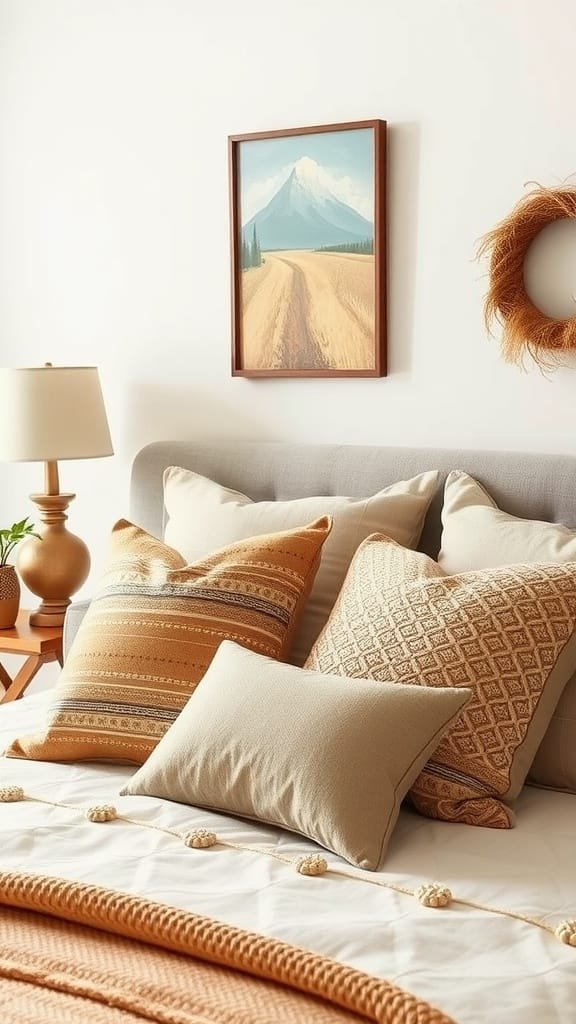 Cozy coastal bedroom with earthy toned throw pillows on the bed.