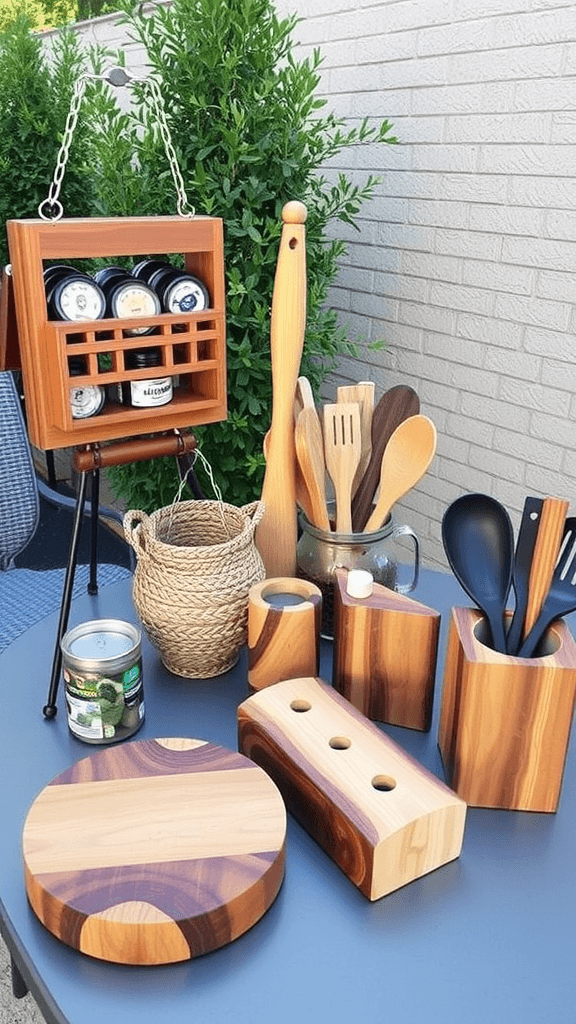 An outdoor kitchen setup featuring wooden utensils, jars, and storage containers on a table.