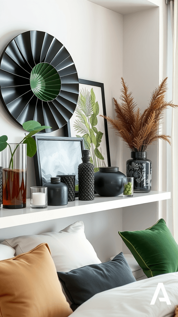 Eclectic black and green bedroom accessories on a shelf.