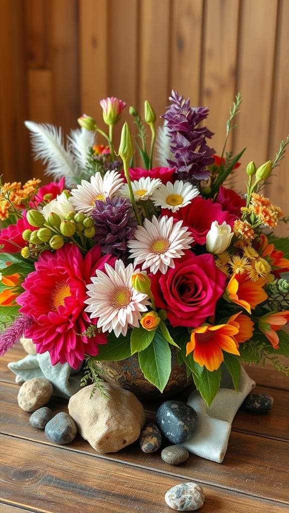 A vibrant spring floral centerpiece featuring various flowers, greenery, and stones.