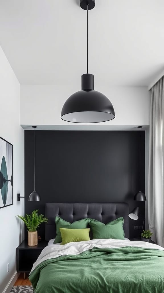 A modern bedroom featuring black lighting fixtures, a green bedspread, and black walls.