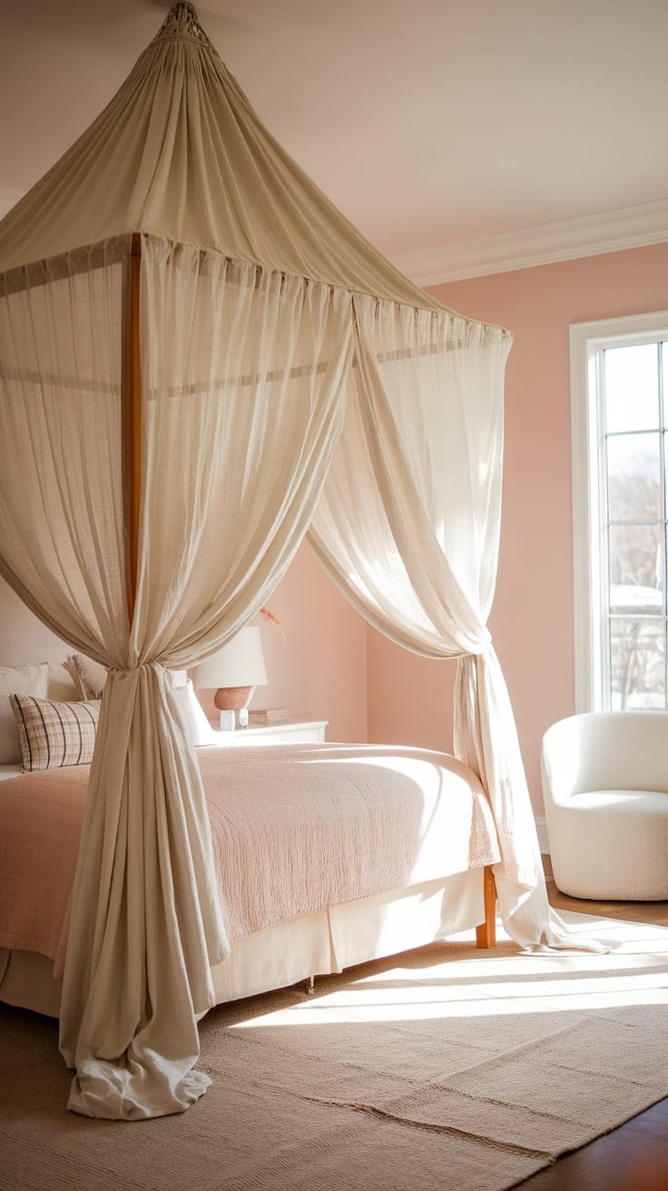 A romantic bedroom with elegant canopy drapes and soft lighting.