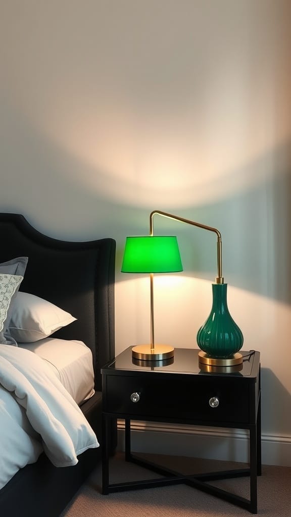 Elegant green table lamps on a bedside table in a black and green bedroom