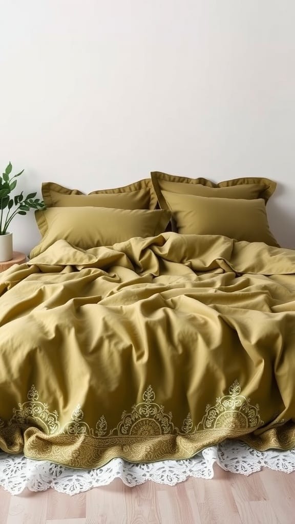 Olive green bedding with elegant lace accents