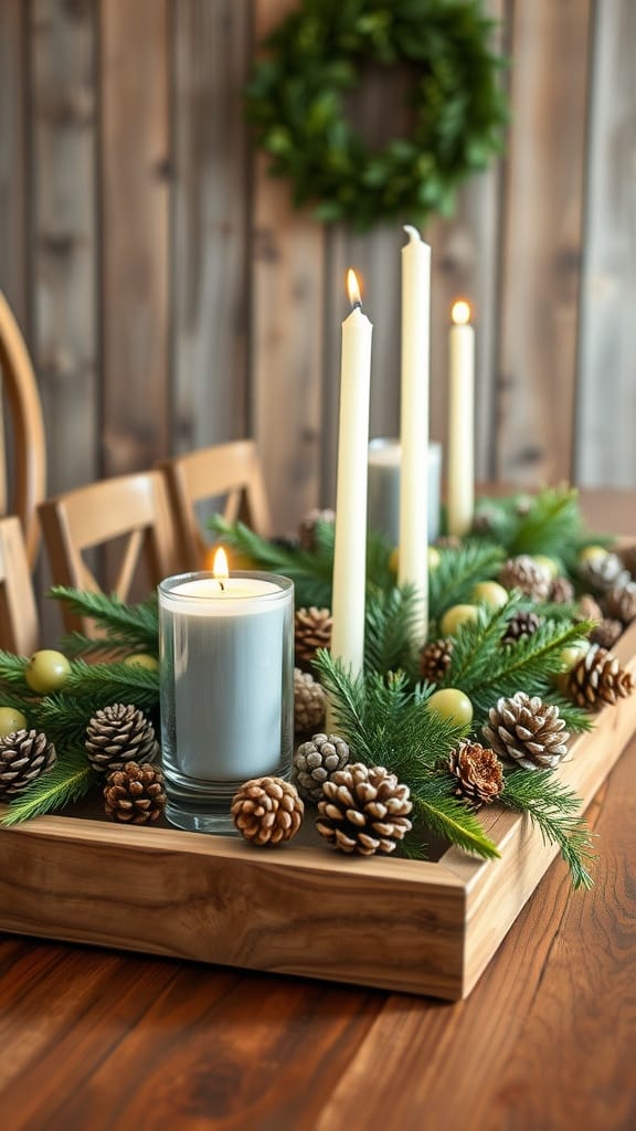 A rustic table centerpiece featuring a wooden tray with candles, pinecones, and greenery.