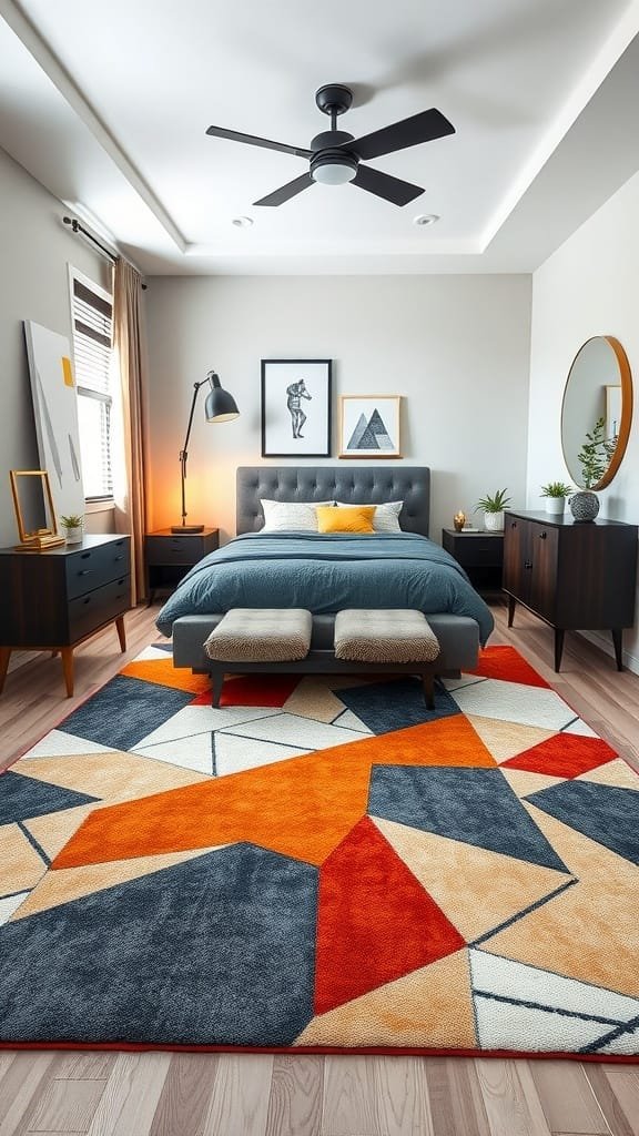 A modern teen boy bedroom featuring a geometric patterned rug in orange, gray, and beige.