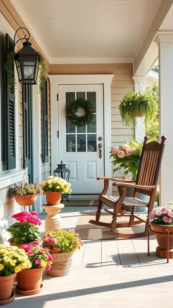 A charming spring front porch decorated with flower pots and a rocking chair