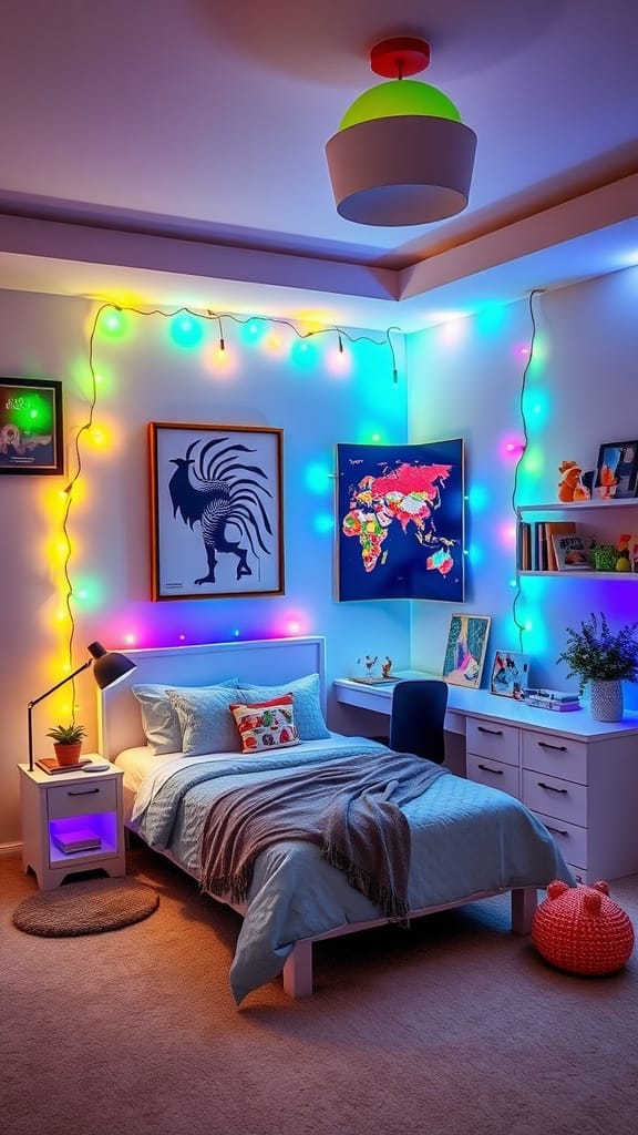 A modern teen boy bedroom with colorful string lights and stylish decor.