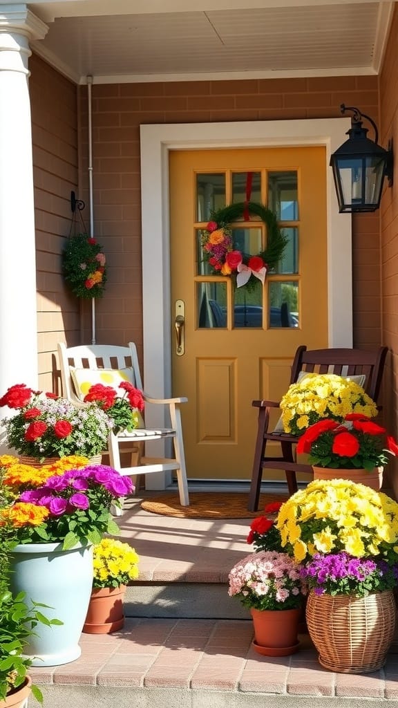 A front porch decorated with various colorful flower pots and a cheerful wreath on the door.