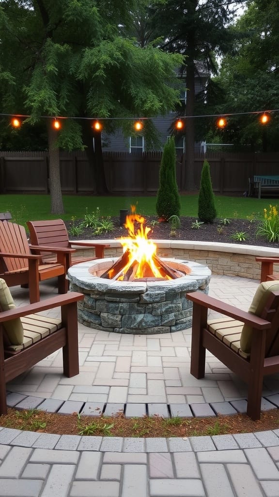 A cozy fire pit area with chairs and string lights in a backyard.