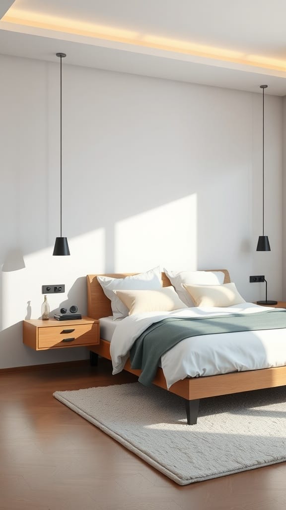 A modern bedroom featuring a floating nightstand, minimalist decor, and natural light.