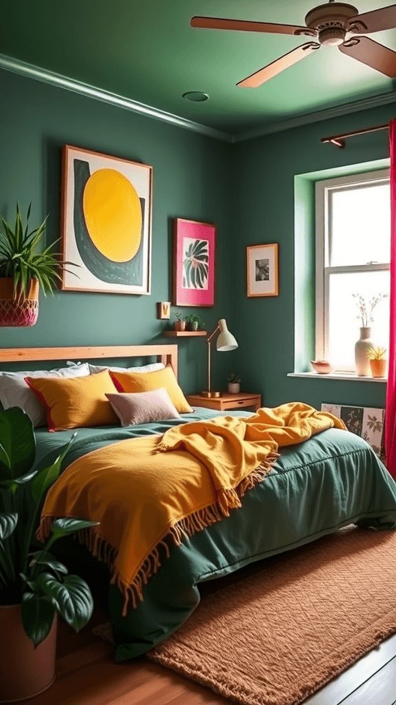 A cozy bedroom featuring forest green walls, colorful pillows, and a bright accent blanket.