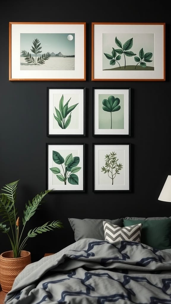 A black and green bedroom featuring framed nature prints on the wall.