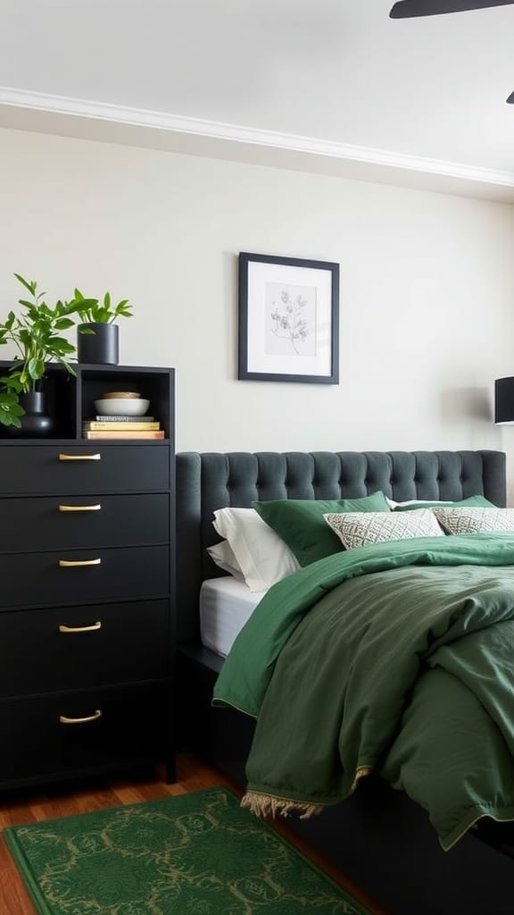 A stylish black and green bedroom featuring a black dresser and green bedding.