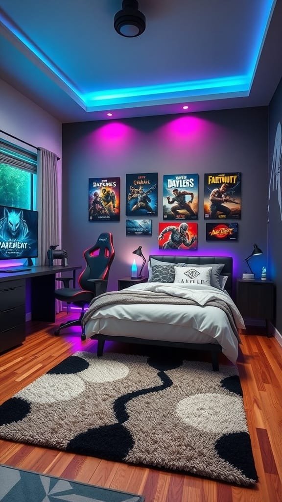 A stylish gaming setup in a modern teen boy bedroom with colorful LED lights and gaming accessories.