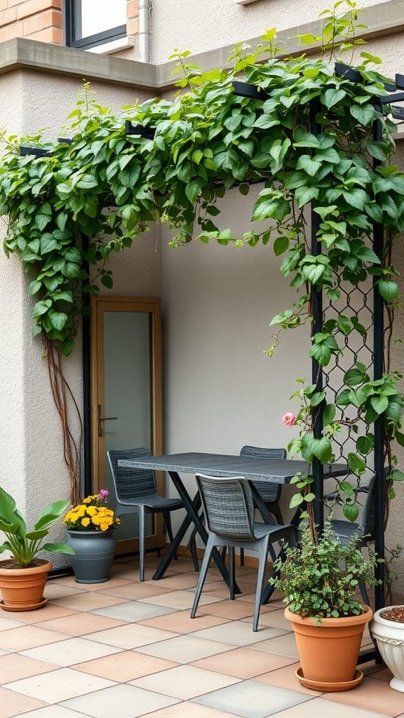 A small patio with a trellis covered in climbing plants and potted flowers.