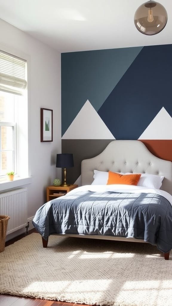 A modern teen boy bedroom featuring a geometric accent wall with vibrant colors.