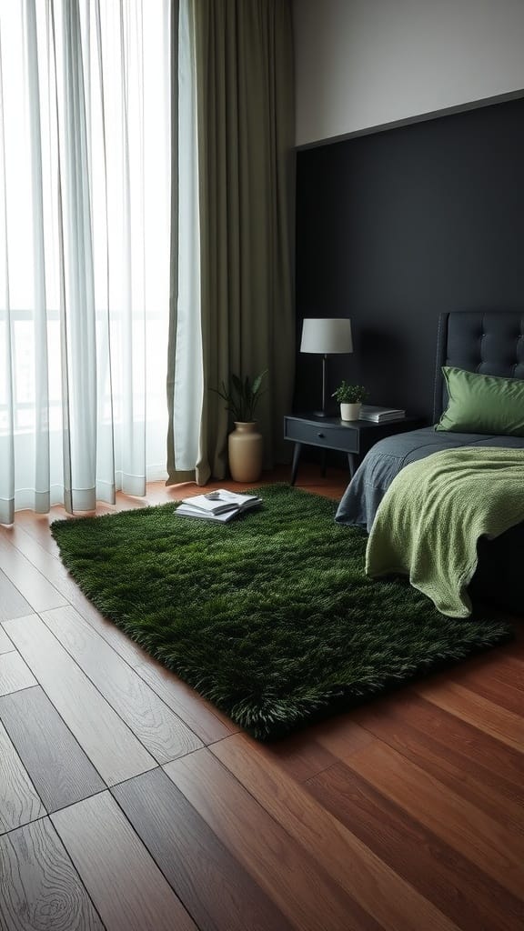 Cozy black and green bedroom with a green rug