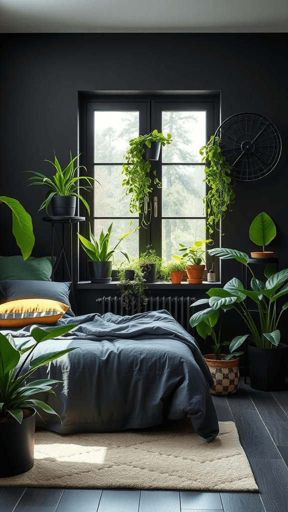 Indoor plants in a black and green themed bedroom setting