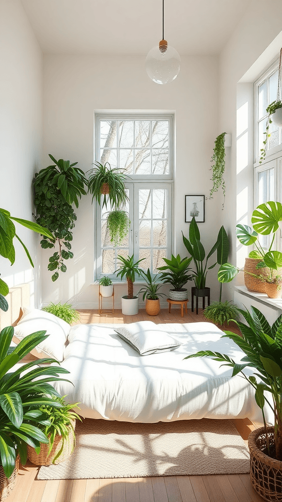 A bright bedroom corner filled with various indoor plants, showcasing greenery and natural light.